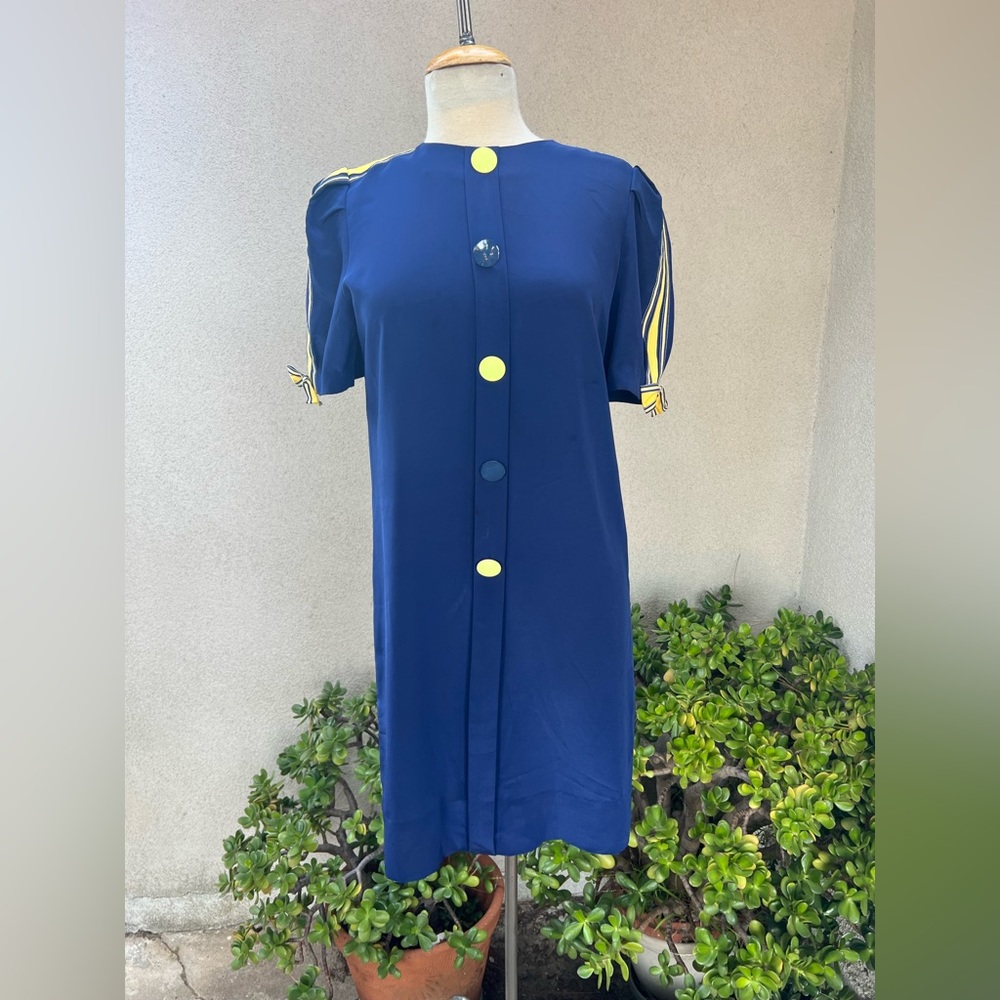 Vintage Adolfo nautical style short dress blue plus buttons stripes Sz 34 S
